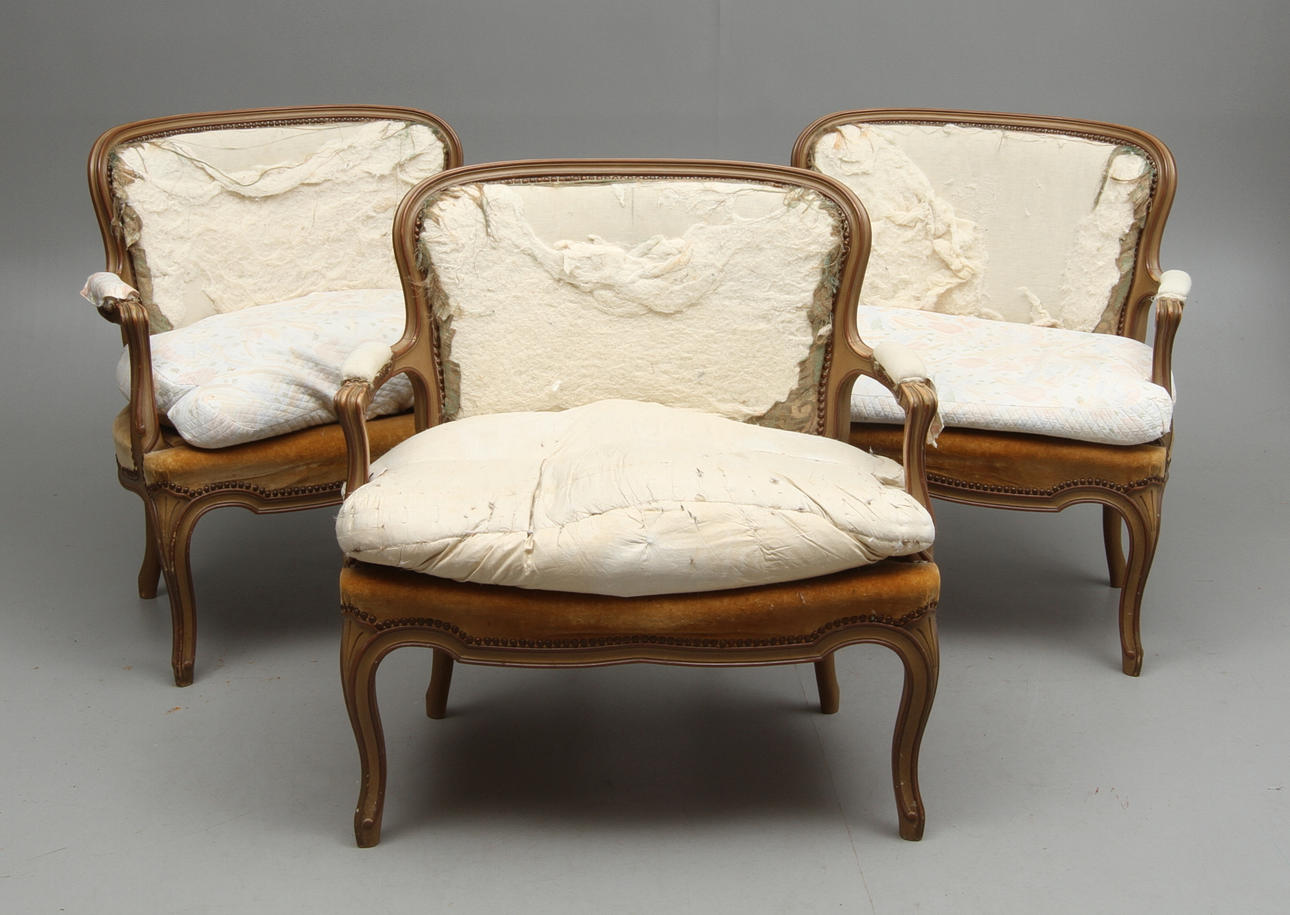 KARMFÅTÖLJER, 3 st, rokokostil, Nordiska Kompaniet.