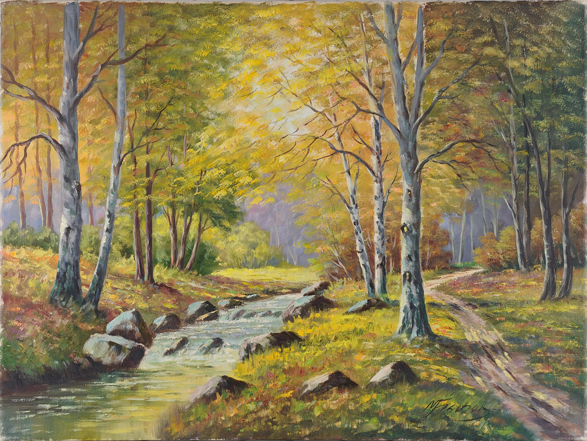 SIGNIERT M. FISCHER. Trädbevuxet landskap med bäck.