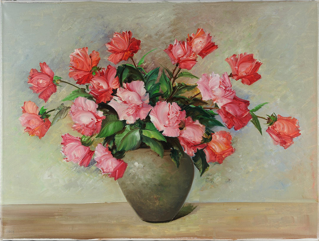 SIGNIERT BECK. Stilleben. Röda och rosa rosor.