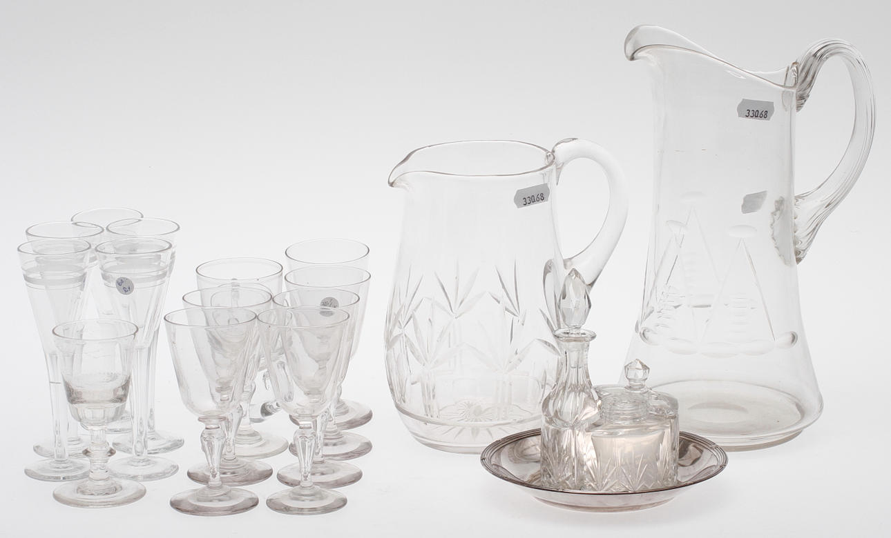 GLAS, 18 delar, bl.a. sk rydbergsglas, TILLBRINGARE, 2 st.