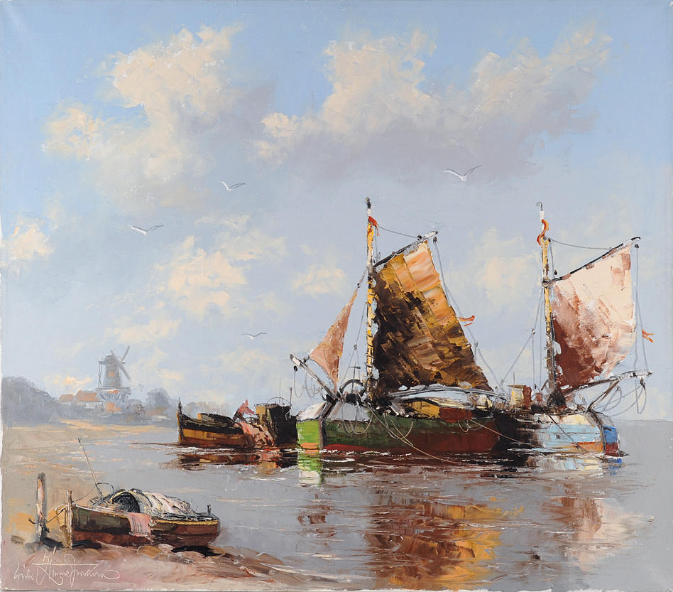 SIGNIERT. Holländska kusten med väderkvarn och segelbåtar.