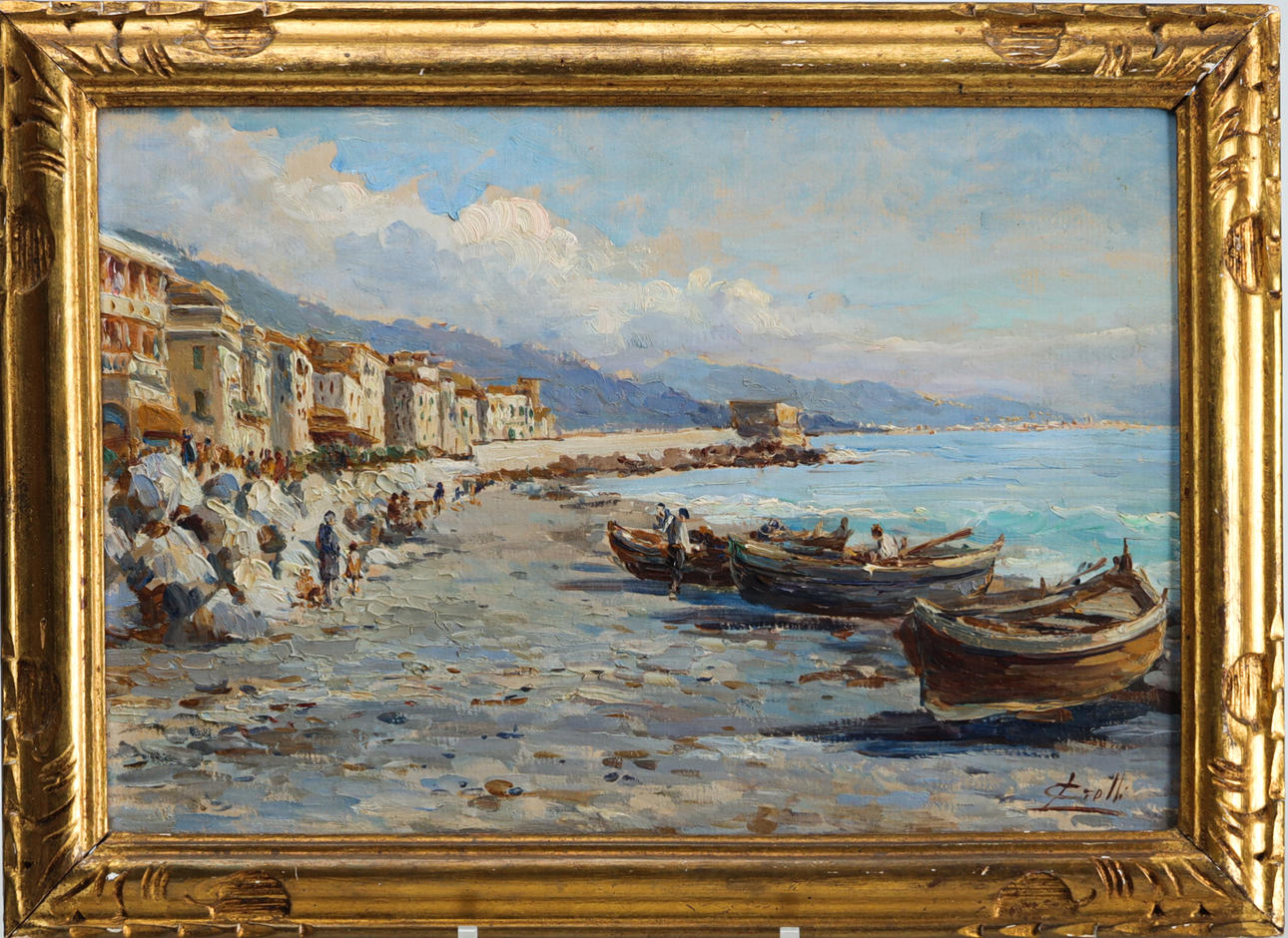 Ubekendt kunstner, kystmotiv, olie på Panel.