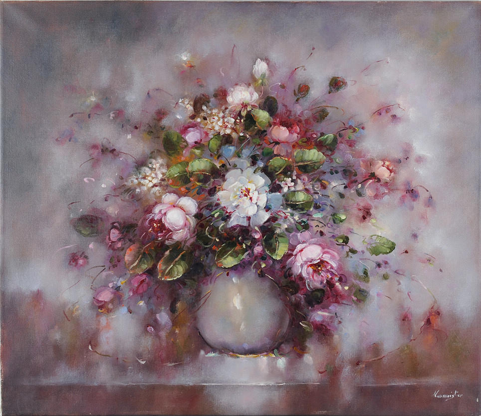 SIGNIERT NEUMEISTER. Stilleben. Gevaste blommor mot lila bakgrund.
