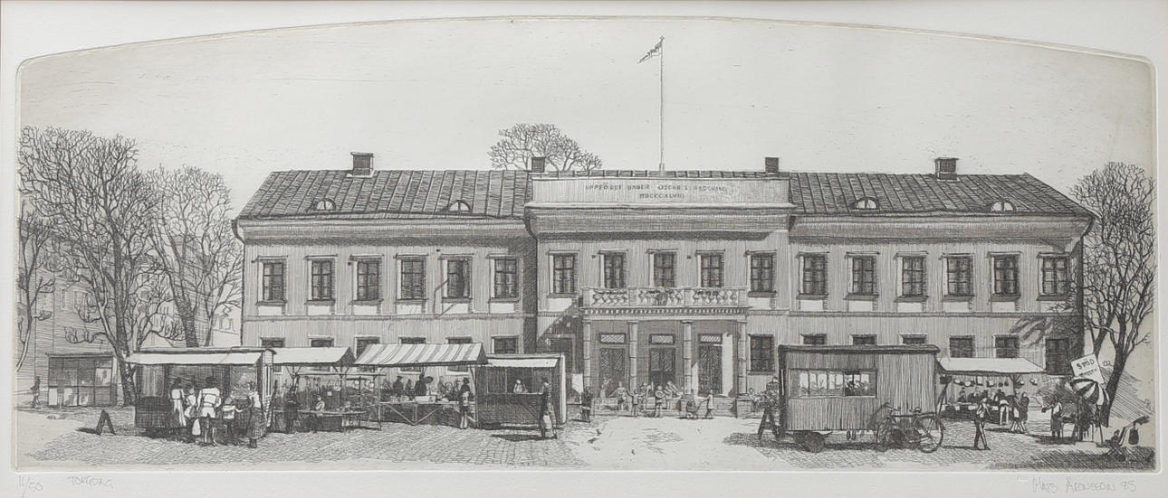 MATS ARONSSON. "Torgdag", etsning, signerad, numrerad 11/50, daterad -83.