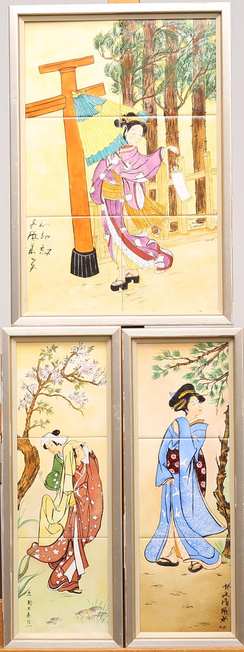 GEMÄLDE, bemalte Fliesen, signiert, China, 3 Stück.