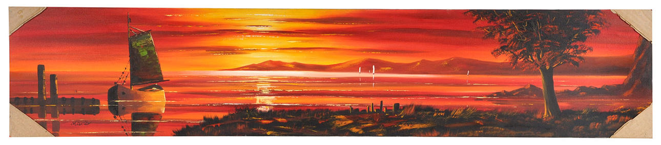SIGNIERT MARIO. Röd glödande vik med segelbåtar.