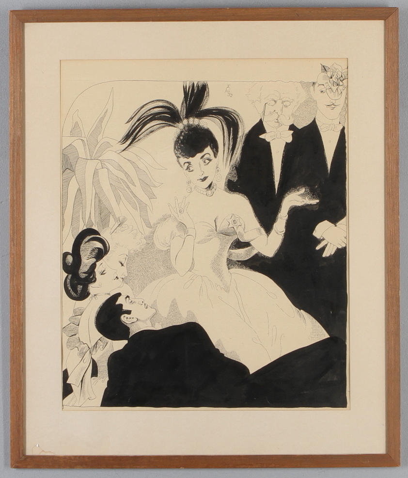 OIDENTIFIERAD KONSTNÄR. Aftonsällskap, tusch, monogramsignerad och daterad 52.