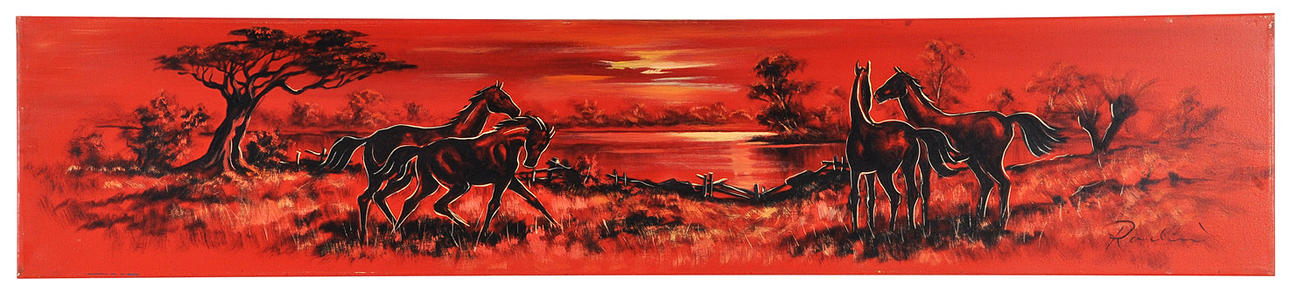 SIGNIERT ROCHIN O.Ä. Stiliserade hästar i rött landskap.
