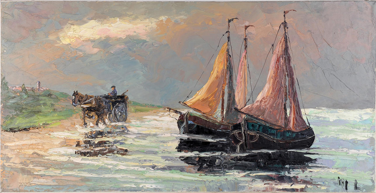 SIGNIERT ML. Pasty kustlandskap med sjömän och hästlag.