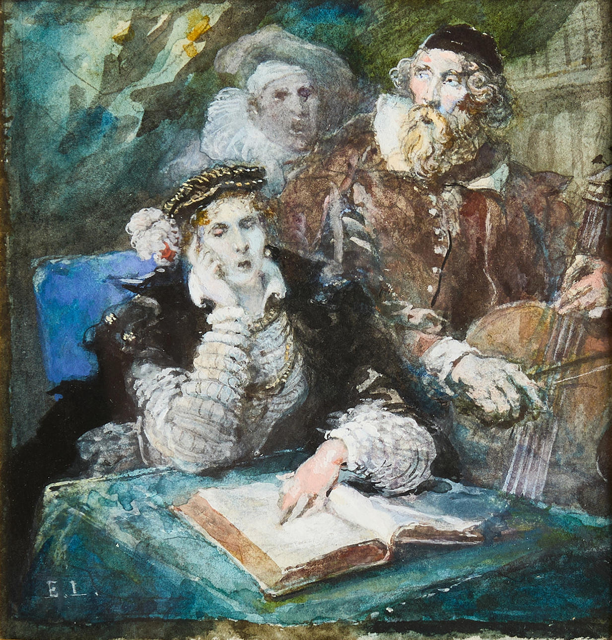 EGRON LUNDGREN. The Scholars, monogram signed E.L, watercolor.