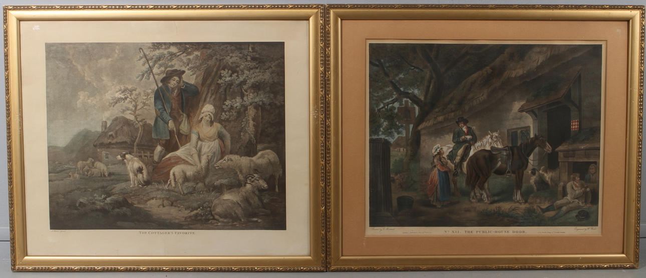 TRYCK, 2 st, kolorerade, "The Cottager´s Favorite", "No XII The Public-House Door", 1800-tal.