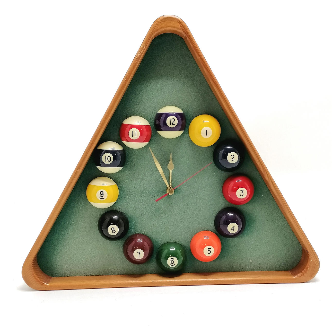 NOVELTY POOL BALL TRIANGULAR WALL CLOCK.
