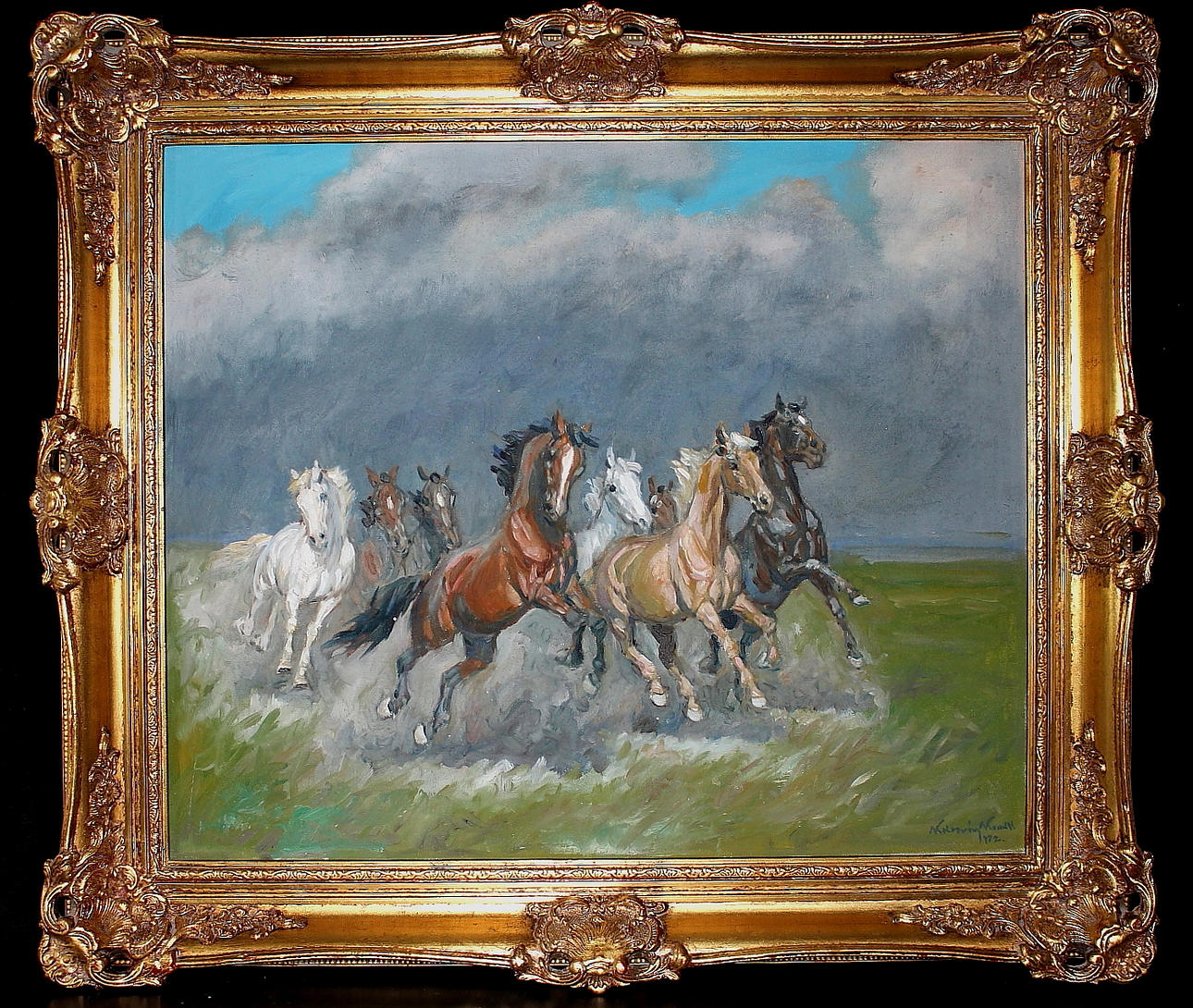 OIDENTIFIERAD KONSTNÄR. olja på duk, hästar över pustan, signerad och daterad 1972.
