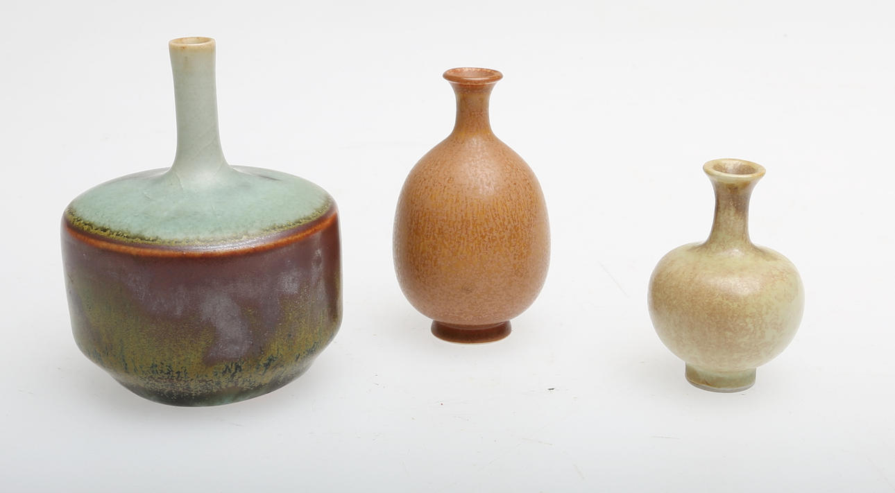 MINIATYRVASER, 3 st, keramik, Rolf Palm, Mölle, 1900-tal.