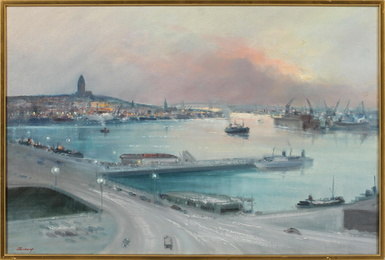 TAGE ERIKSSON. Göteborgs hamn, olja på duk, signerad.