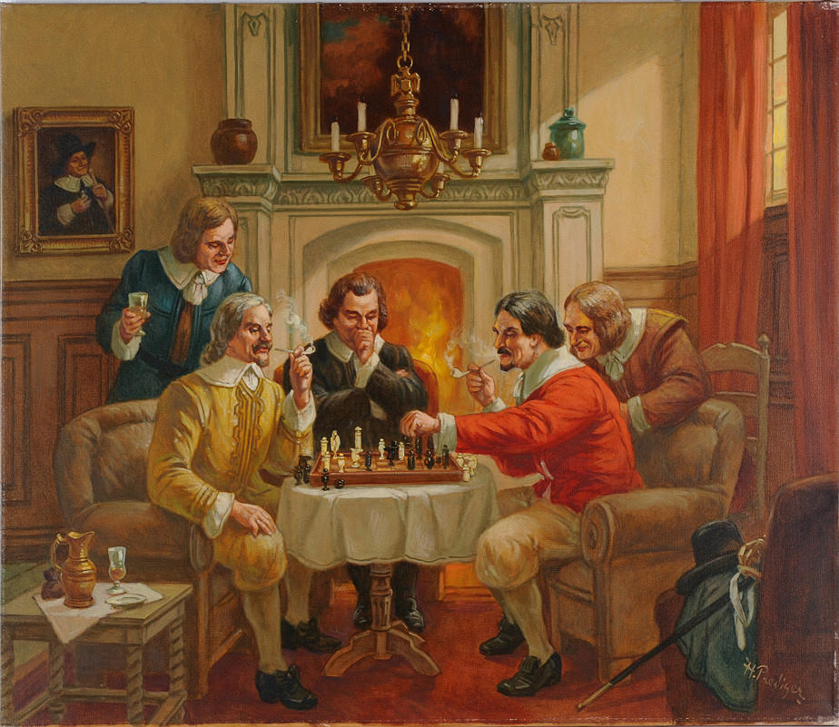 HERMANN PREDIGER. Ståtliga mäns runda röker en visselpipa medan du spelar schack framför eldstaden.