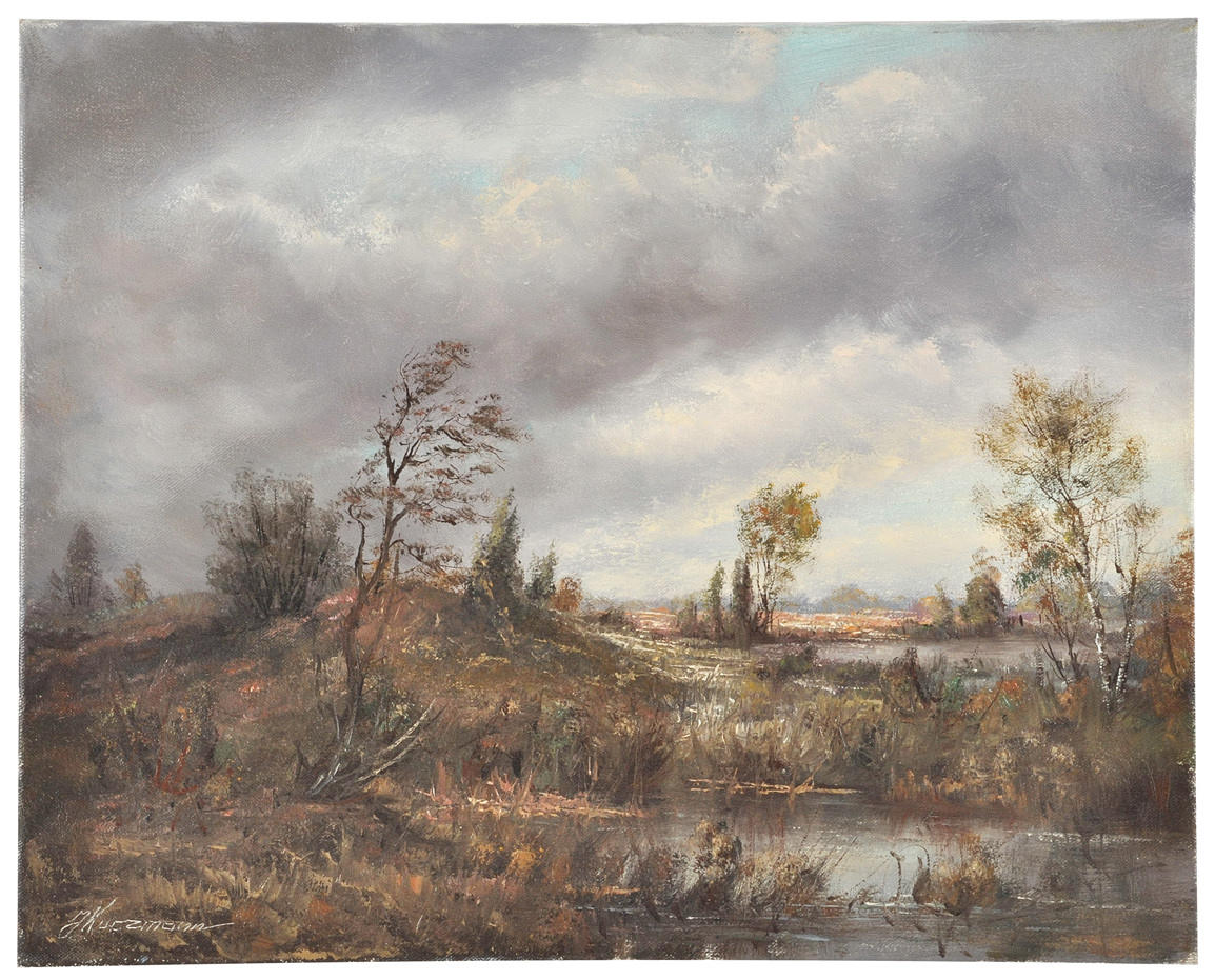 SIGNIERT J. KURZMANN. Kväll hedmark landskap.