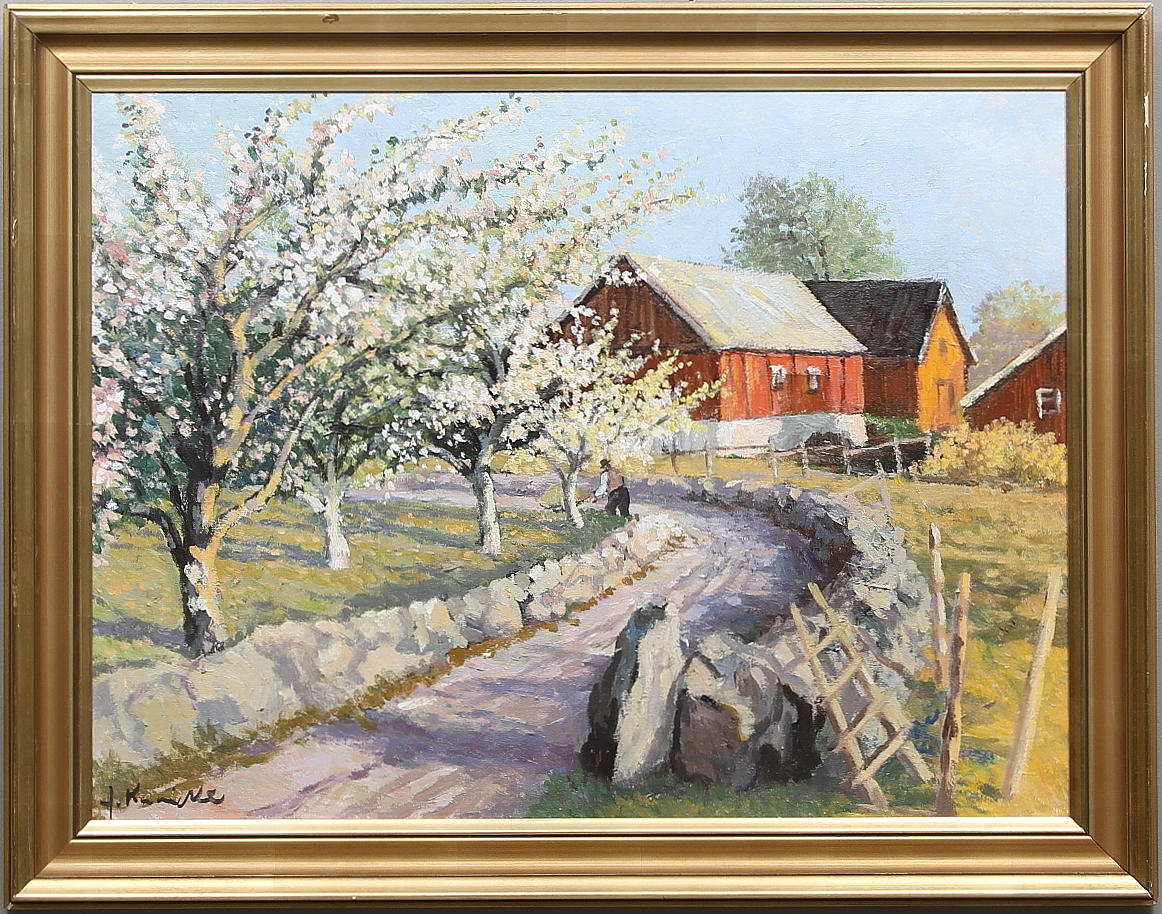 ALEXANDER KUNICKI. Gårdsmiljö med blommande fruktträd. Olja på duk. Signerad A.Kunicki.