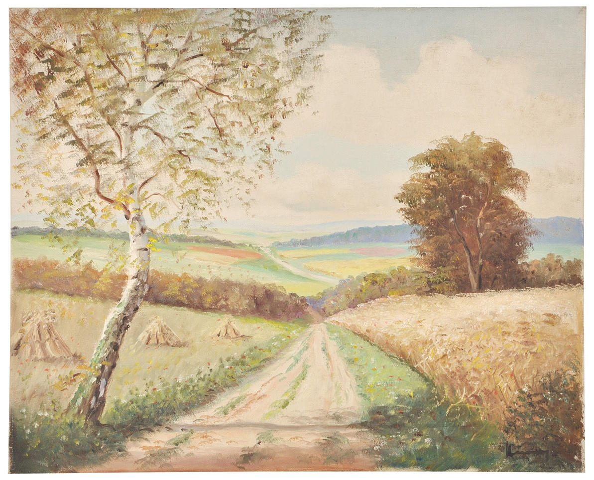 SIGNIERT. Landschaft mit Feldern und Strohgarben.