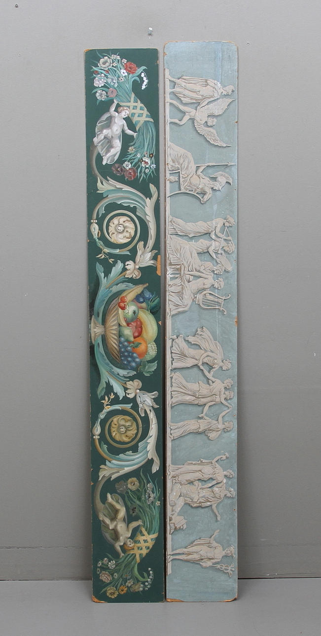 DÖRRÖVERSTYCKEN, 2 st, olja på pannå, 1900-tal.