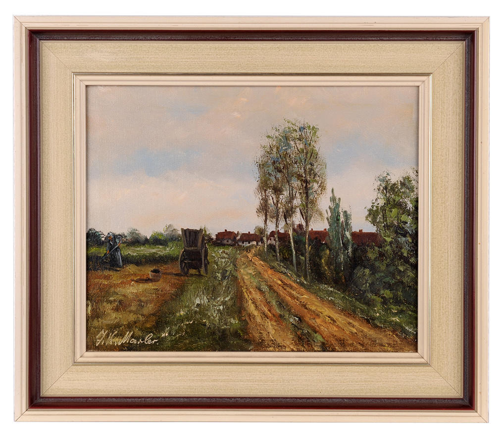 SIGNIERT J.K. MARLER O.Ä. Grusväg, fodrad med björkar, med en arbetande kvinna framför en by.