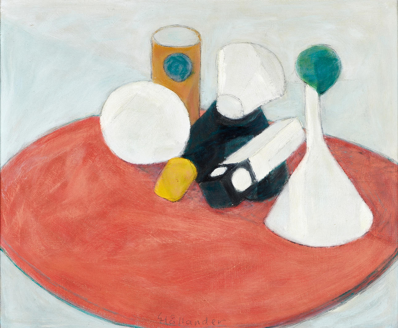 GUNNAR HÅLLANDER (1915-1980). "Föremål på rött bord", signerad Hållander, utförd 1967, olja på pannå.