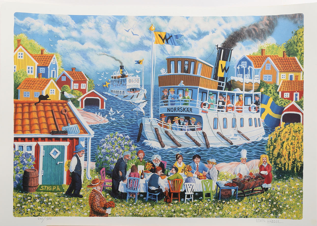 MATS HÅRDELL. Fest i skärgården, färgserigrafi 241/300, signerad.