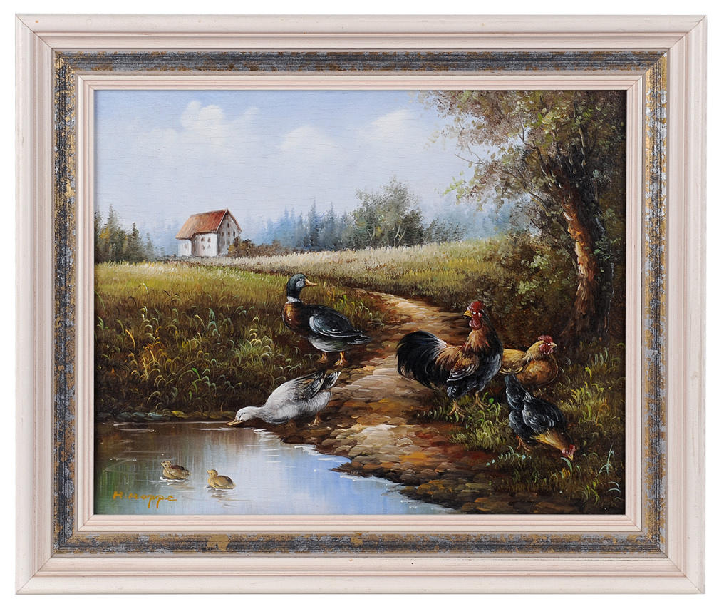 SIGNIERT H. HOPPE. Anka familj med tupp och höns vid vattnet.