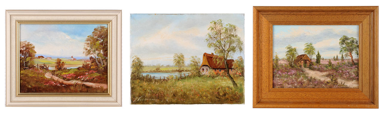 SIGNIERT J. KURZMANN & LENZ. Många av tre små landskapsmålningar.