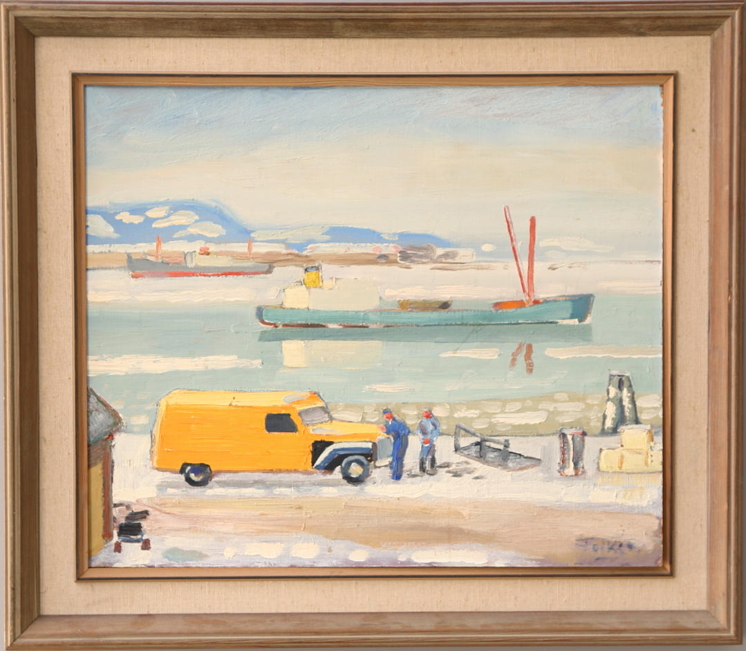 FOLKE PERSSON. Olja på pannå, hamnmotiv, signerad.