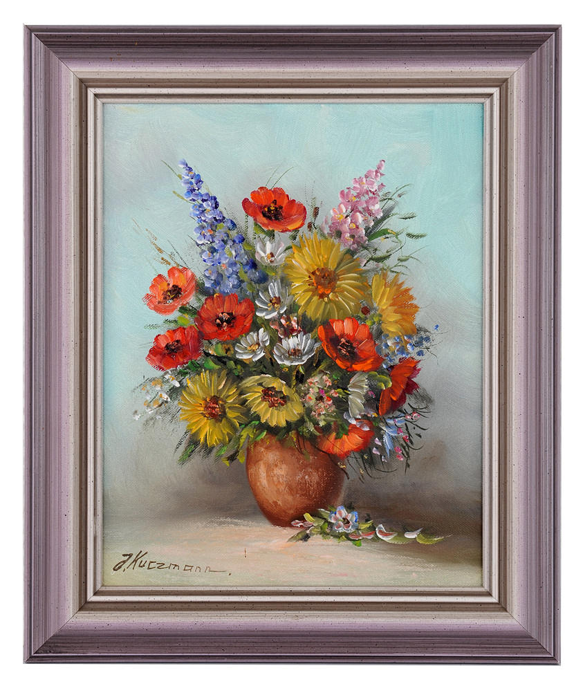 SIGMIERT J. KURZMANN. Stilleben. Sommarblommor i keramisk vas.