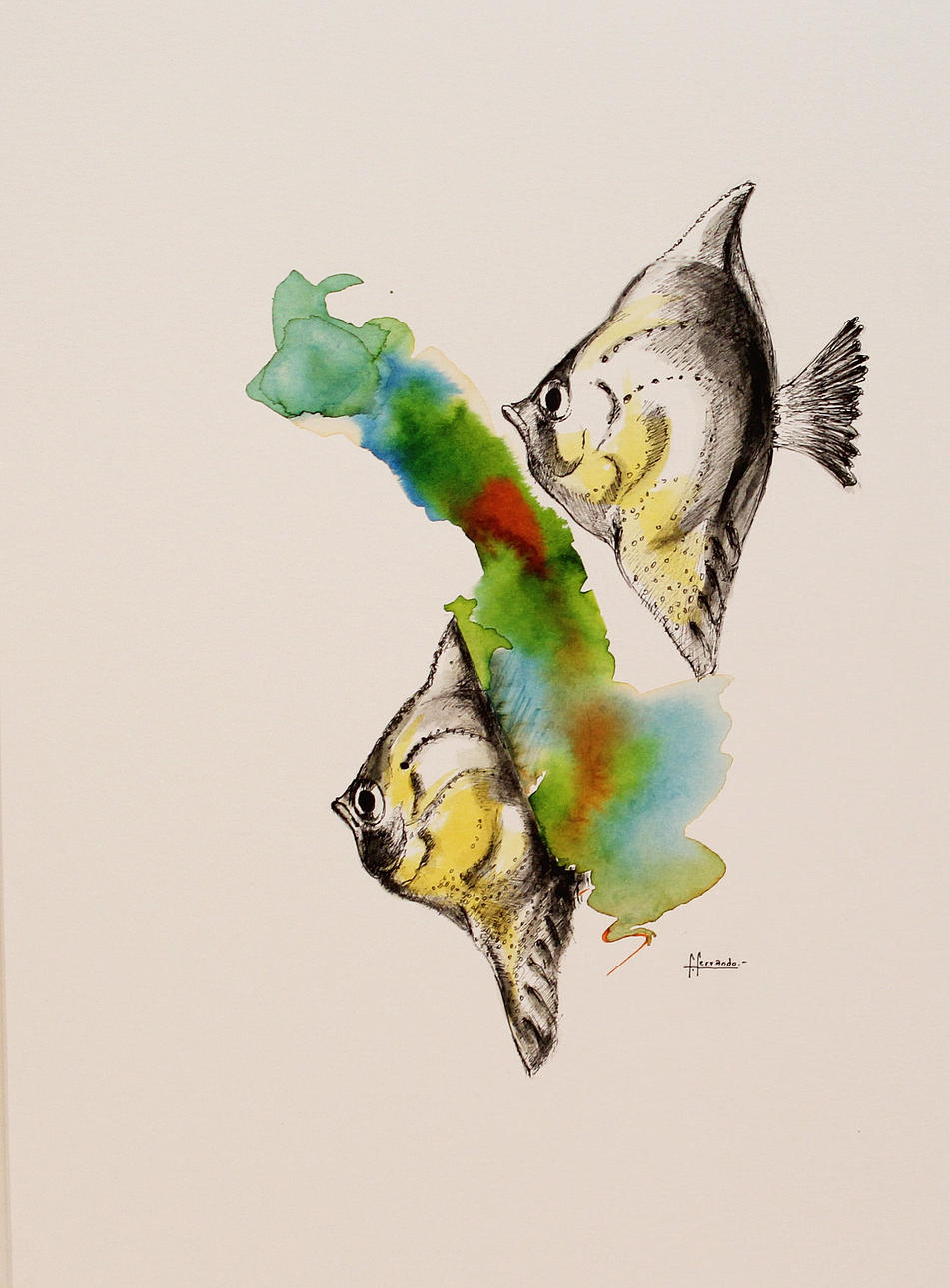 FEDERICO FERRANDO. Parti konst (3). Akvariefiskar. Akvareller. Signerade F Ferrando.