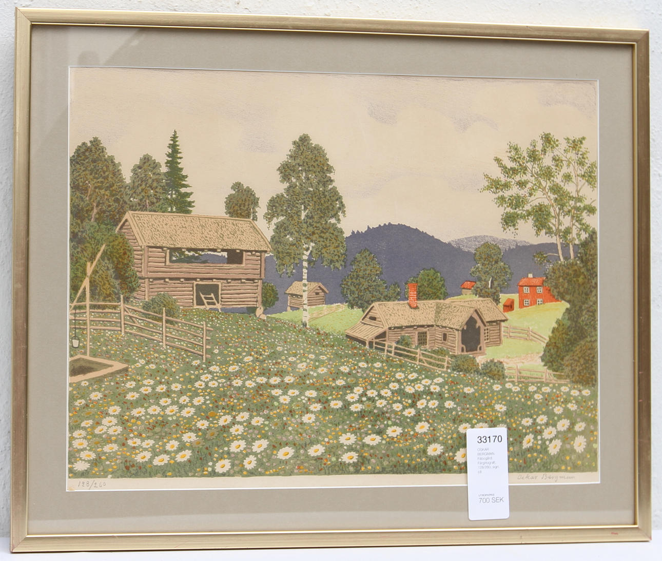 OSKAR BERGMAN. Fäbogård. Färglitografi, 128/260, sign.