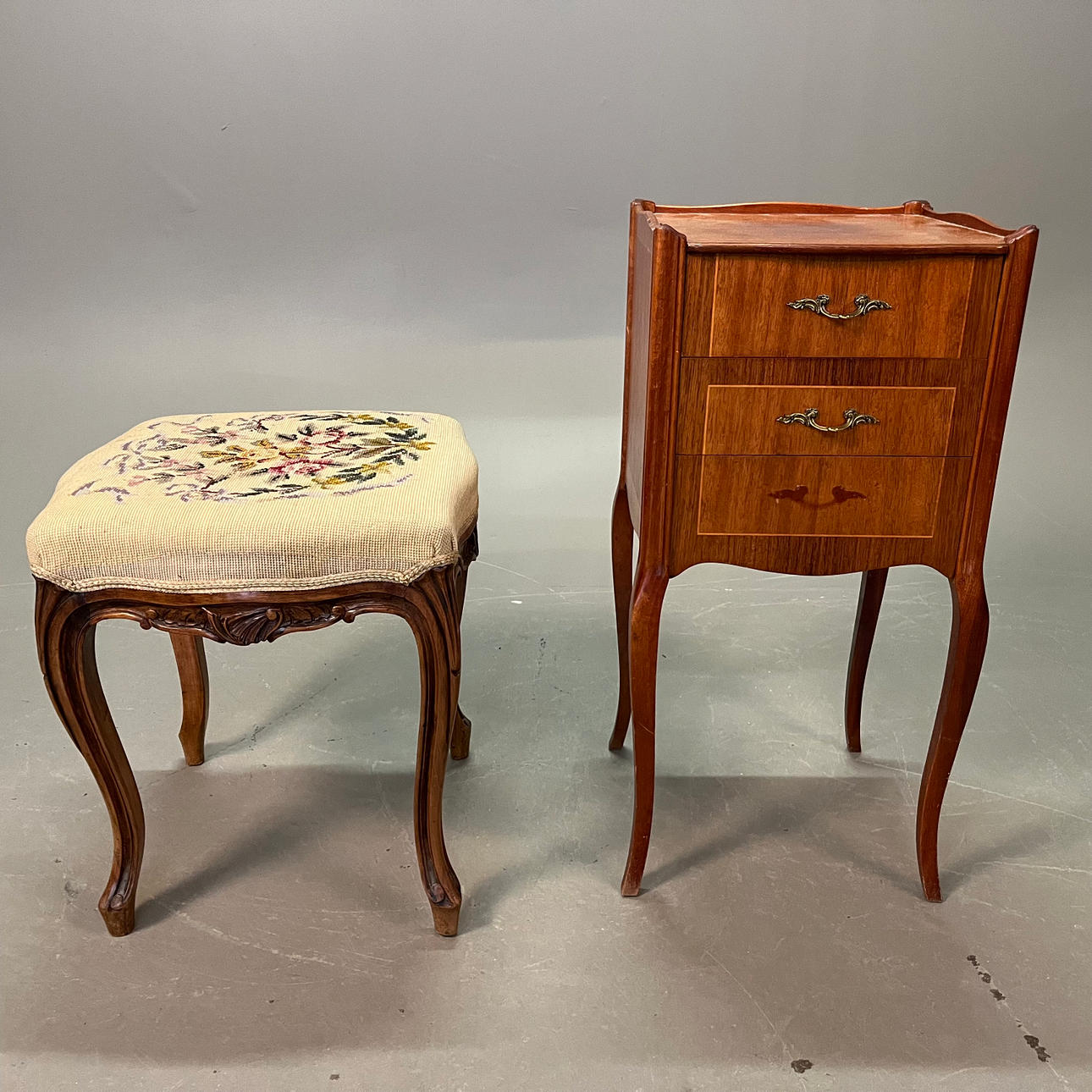A rococo style bedside table and stool, 20th century.