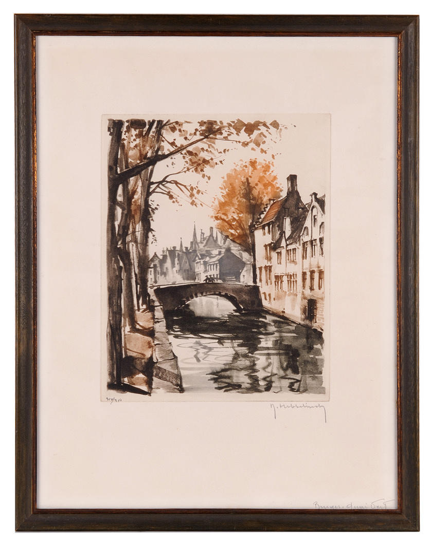 SIGNIERT. litografi. En kanalbro. Franska.