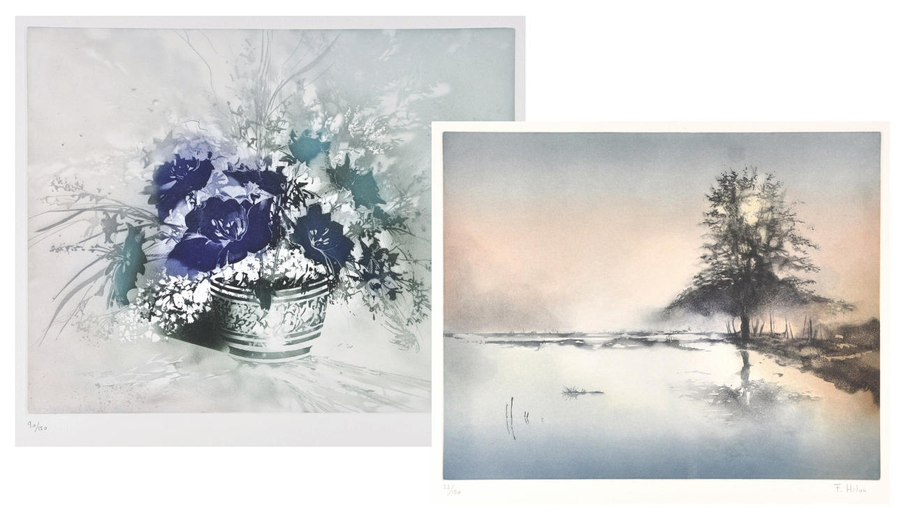 SIGNIERT F. HILAN. Mycket av 2 litografier. Sjölandskap och stilleben.