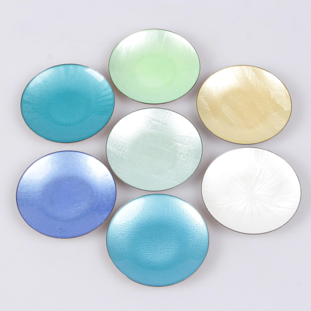 COASTERS, 7 st. Sterlingsilver och emalj, J Tostrup, Norge, 1900-tal.