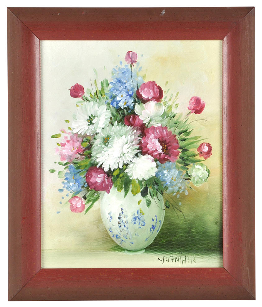 SIGNIERT. Stilleben. Tagetes och blommor i målad porslinsvas.