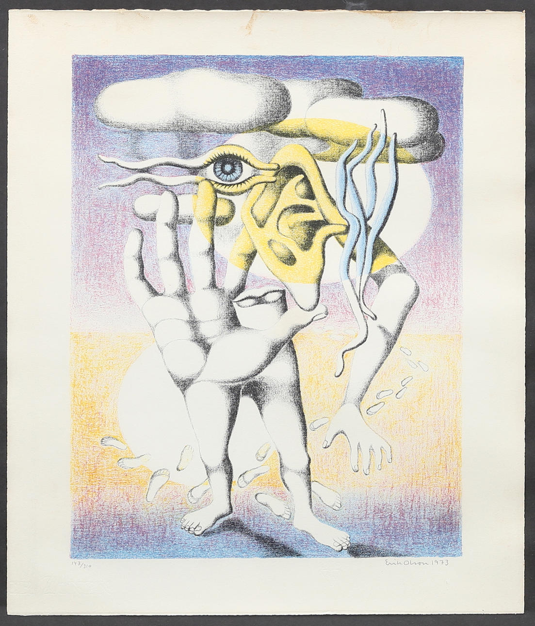 ERIK OLSON. Surrealist composition, lithograph, 147/310, signed and dated 1973.