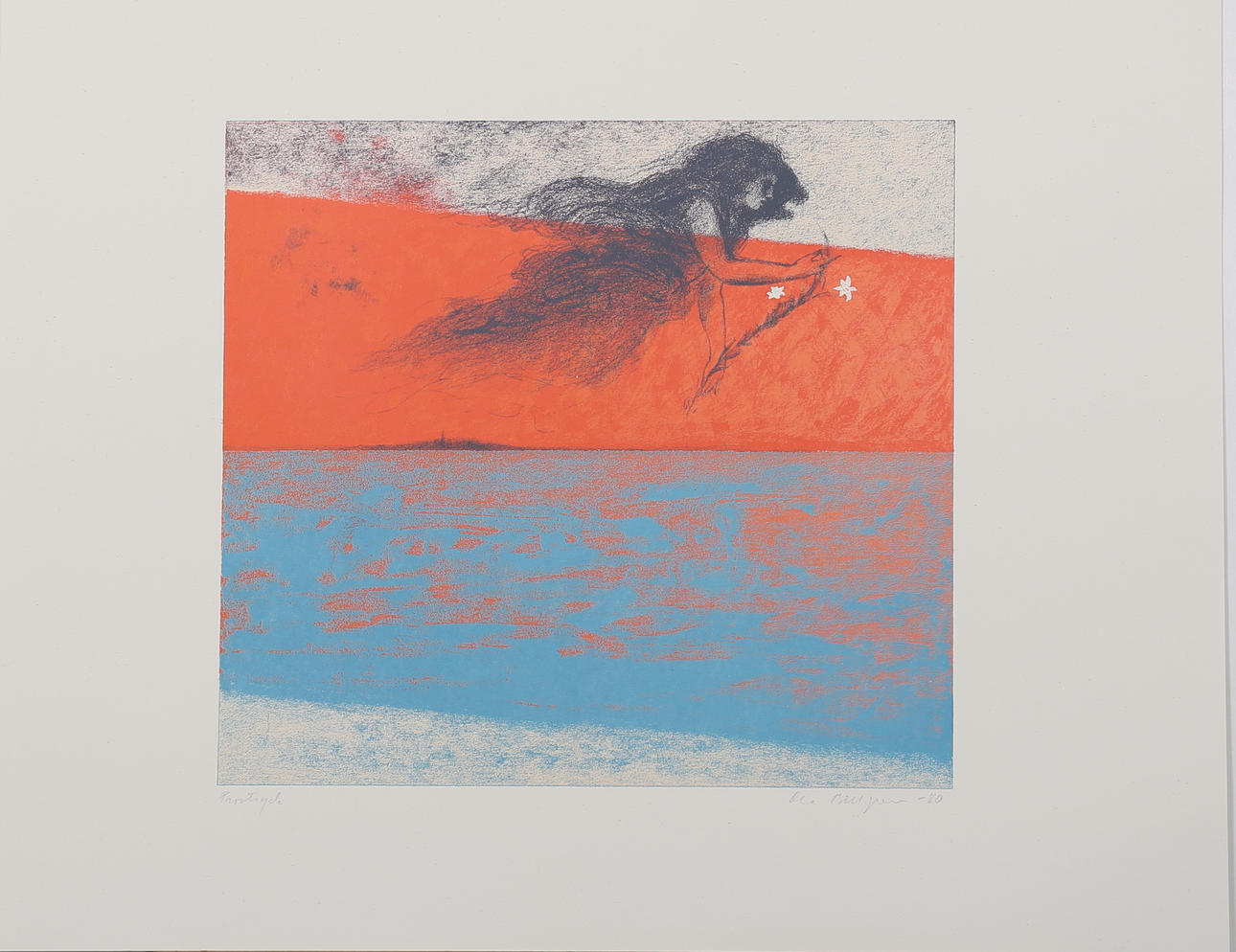 OLA BILLGREN. Svävande ängel, färglitografi, provtryck, signerad och daterad -80.