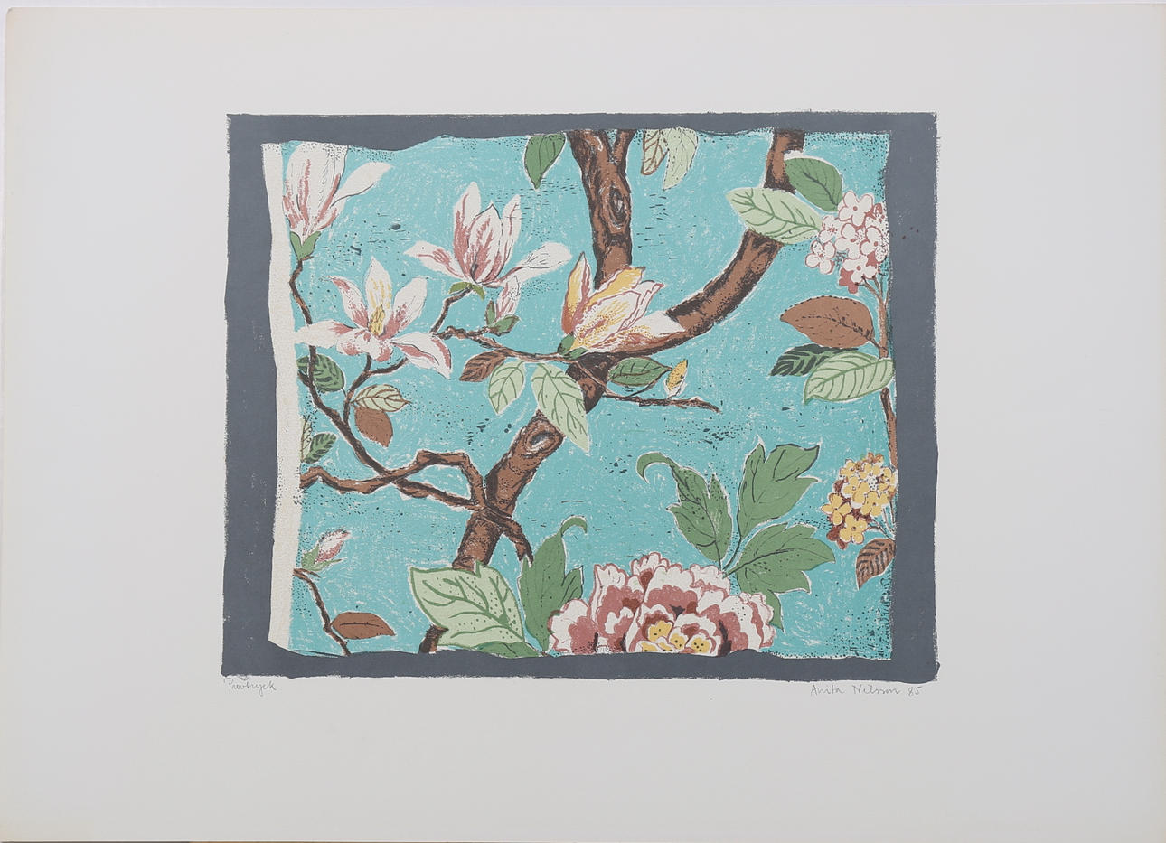 ANITA NILSSON. Blommor med kvist,färglitografi, provtryck, signerad och daterad -85.