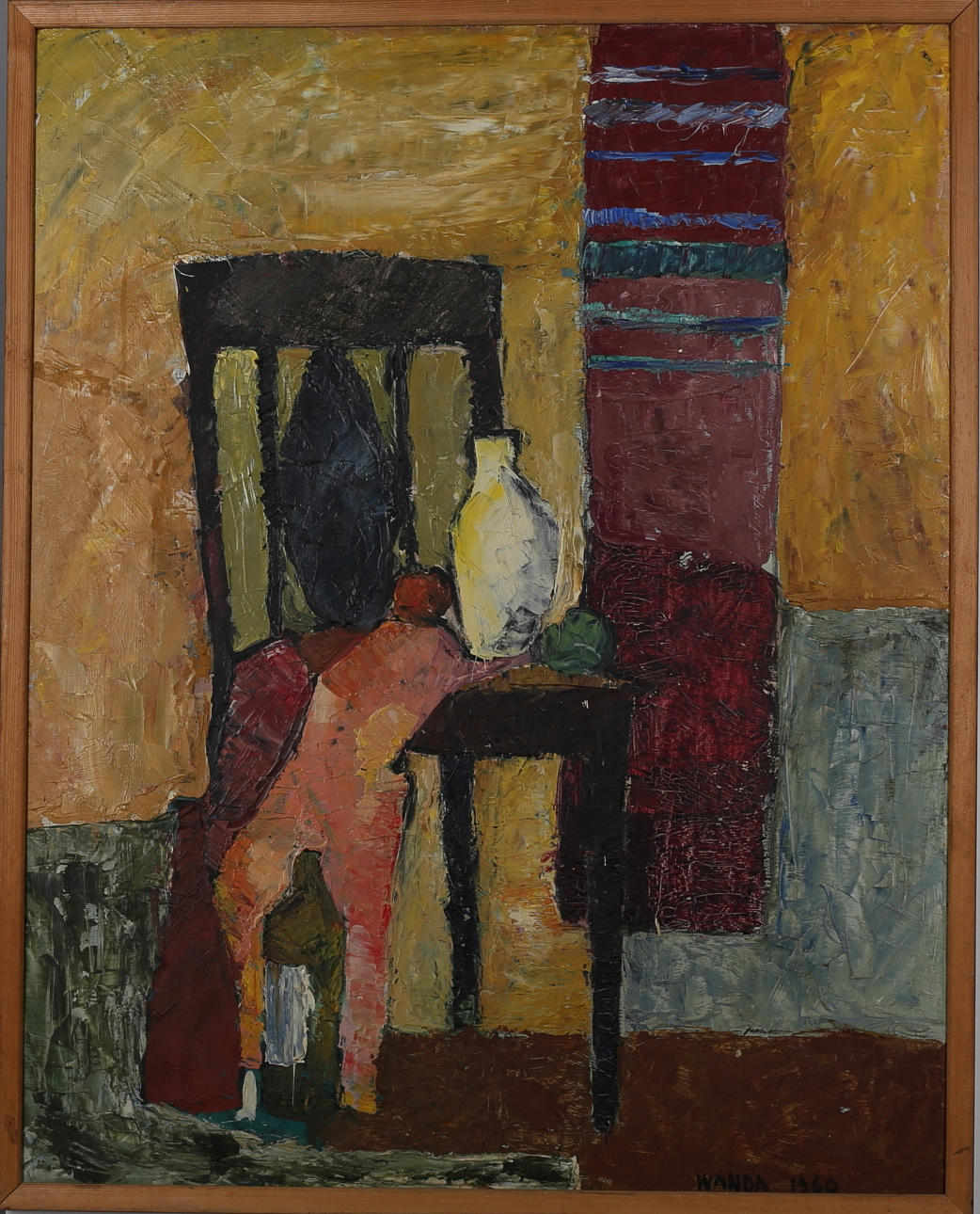 WANDA LUBELSKA. Interiör med stol, olja på pannå, signerat och daterat Wanda 1960.
