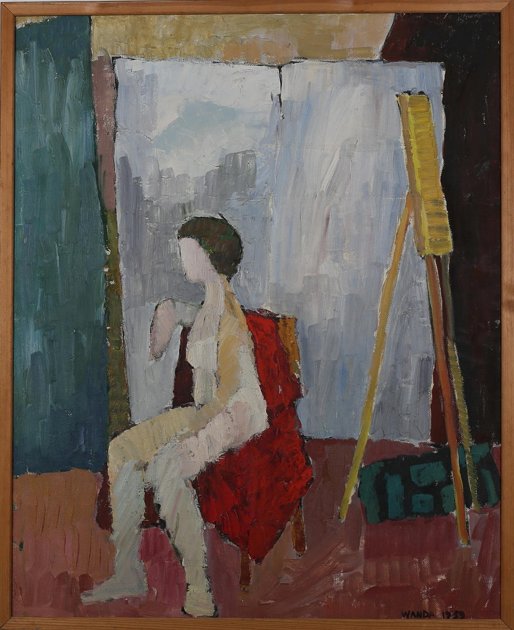 WANDA LUBELSKA. Interiör med nakenmodell, olja på pannå, signerat och daterat Wanda 1959.