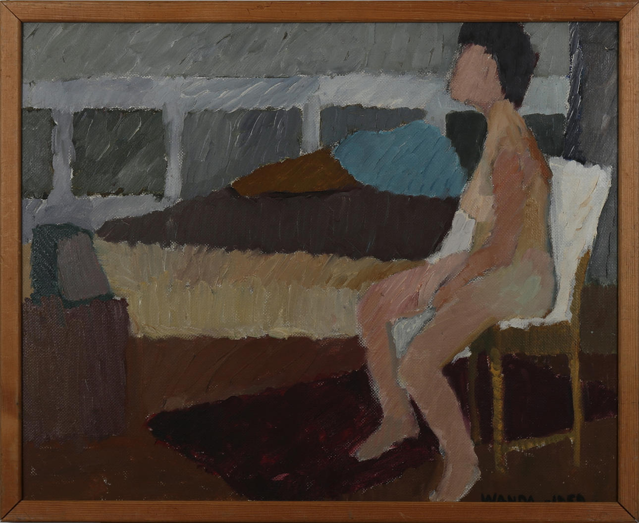 WANDA LUBELSKA. Interiör med nakenmodell, olja på pannå, signerat och daterat Wanda 1959.