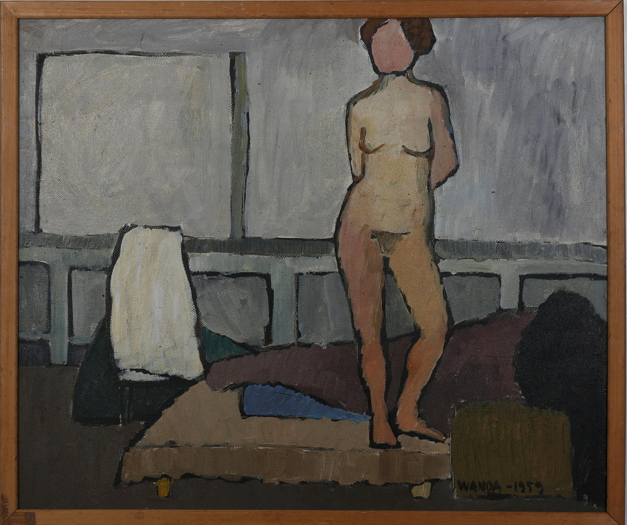 WANDA LUBELSKA. Interiör med nakenmodell, olja på pannå, signerat och daterat Wanda 1959.