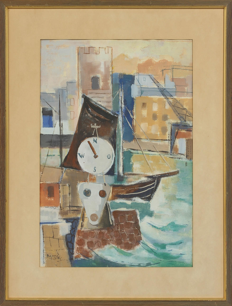 WIM BOSMA. Hamnvy, gouache på papper, sign o dat 1956.