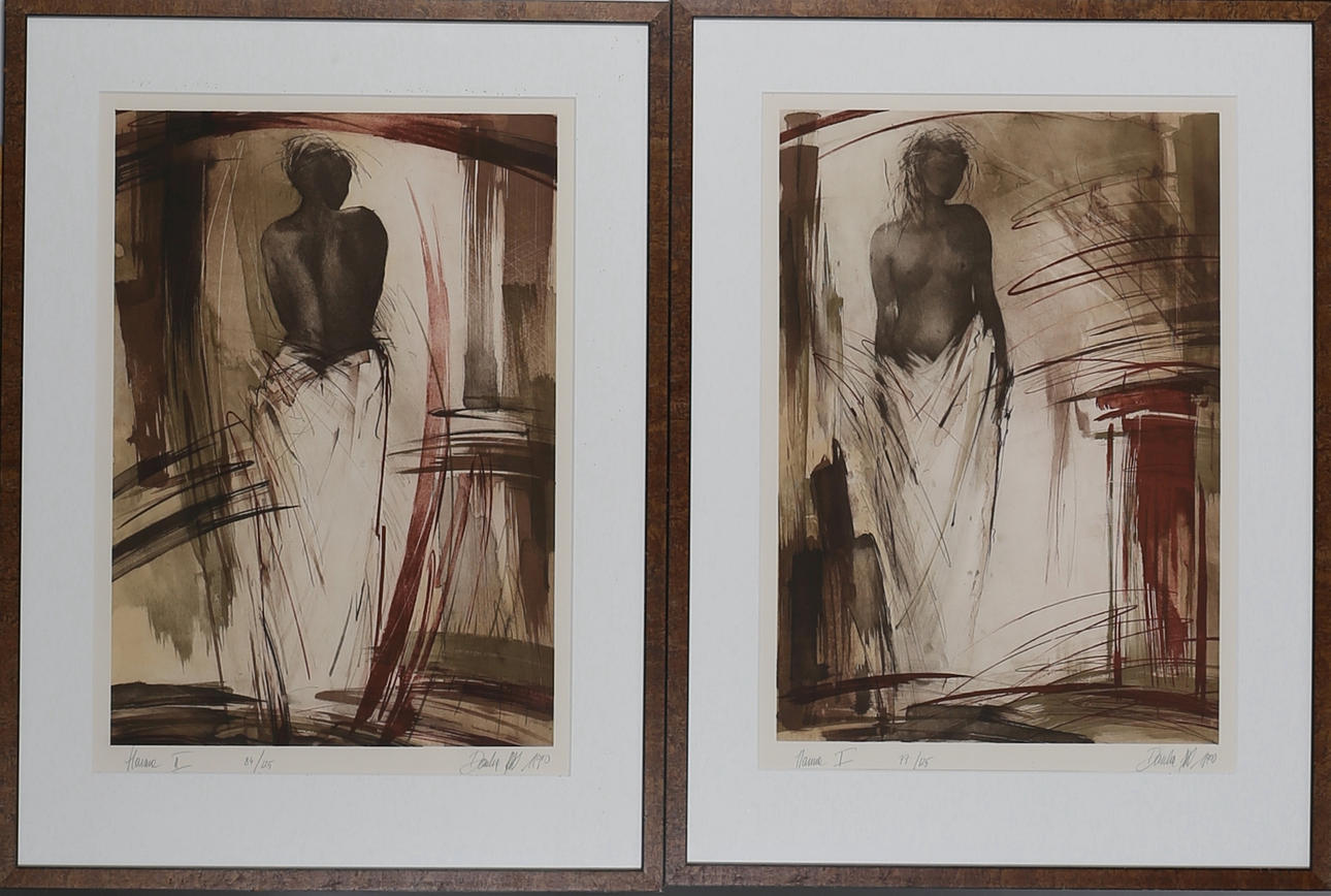 DANKA JAWORSKA. Färglitografier, 2 st, stående kvinnor, signerade Danka J samt numrerade.