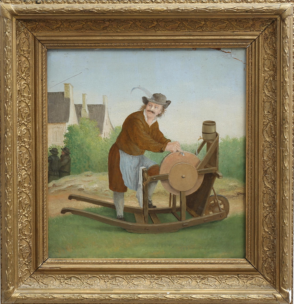 OIDENTIFIERAD KONSTNÄR. Knivslipare. Olja på pannå, osignerad.