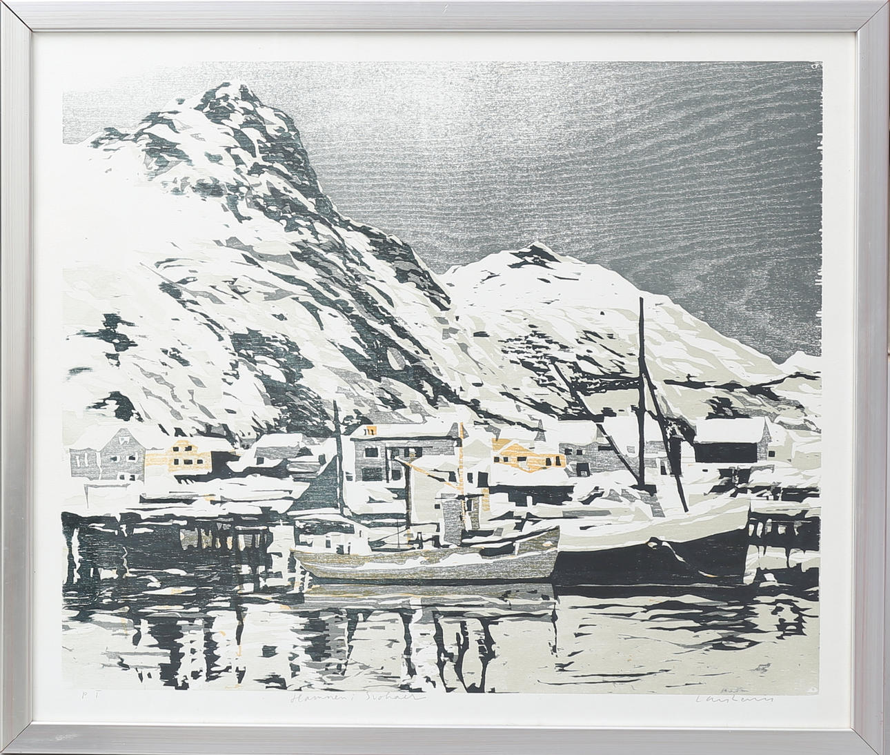 LARS LERIN. "Hamnen i Svolvaer". Träsnitt, signerat, provtryck.