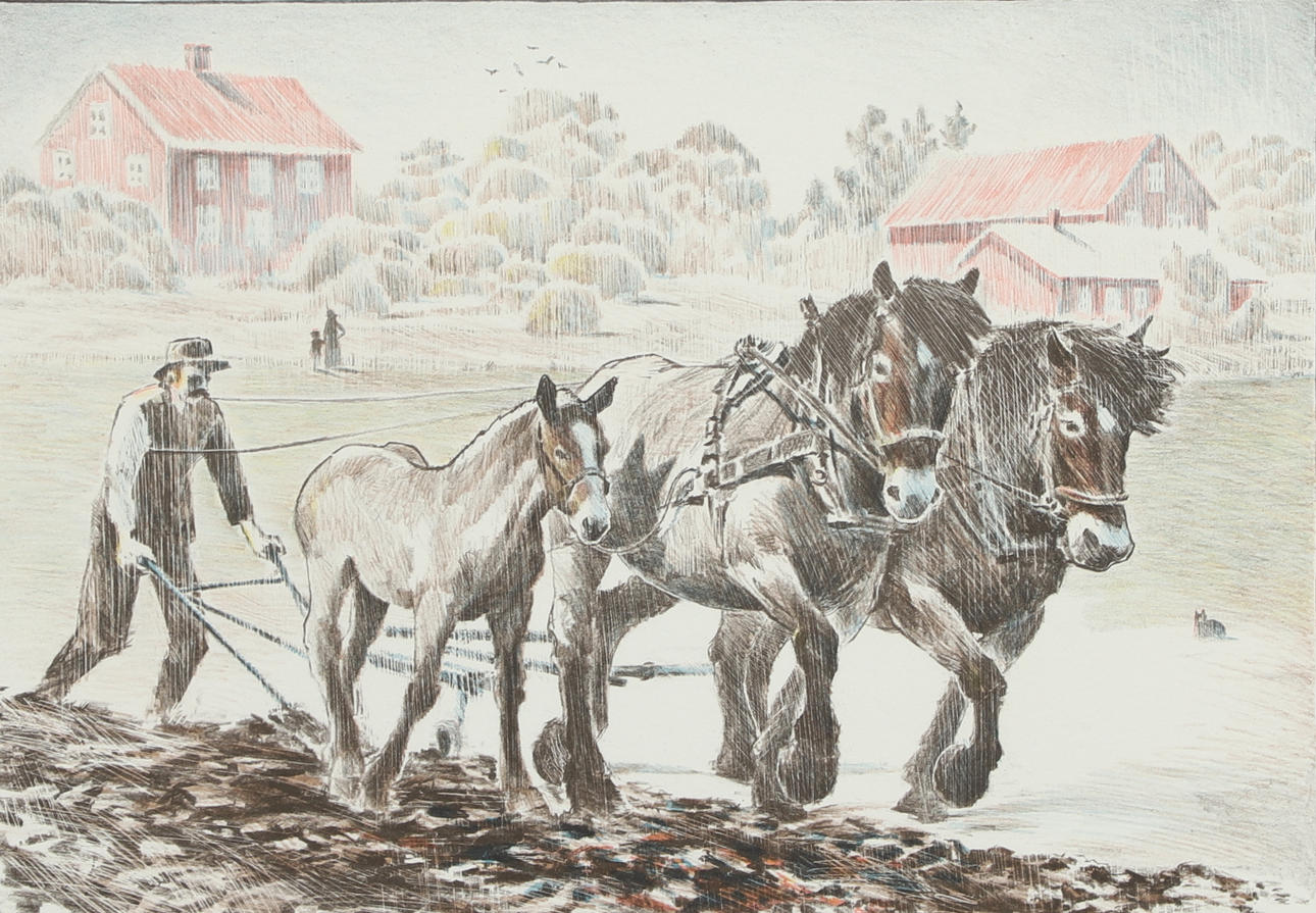 HENRY GUSTAFSSON. Lithograph, “Ploughing”, signed, numbered 53/200.